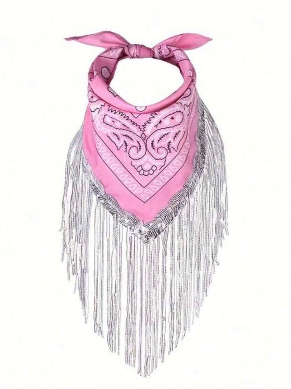 Pink Paisley Fringe Bandana Scarf with Silver Tassels